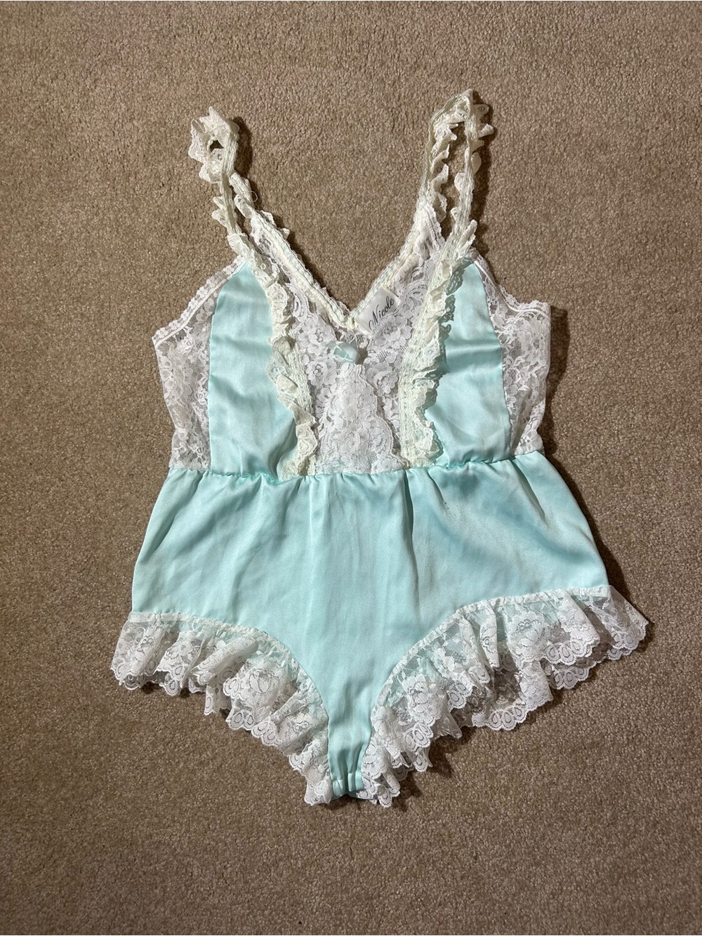 Vintage Nicole Mint Green Lace Teddy Romper Womens M